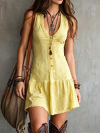 Women's Boho Ruffle Dress – V-Neck Cinched Waist Summer Dress