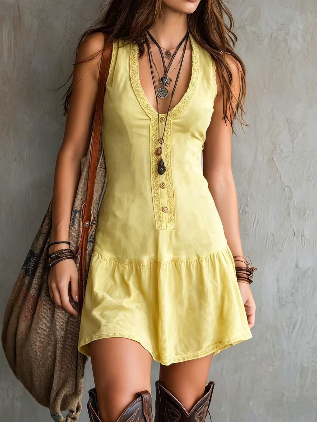 Women's Boho Ruffle Dress – V-Neck Cinched Waist Summer Dress