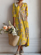 Women's Vintage Floral Midi Dress – A-Line Flowy Summer Dress