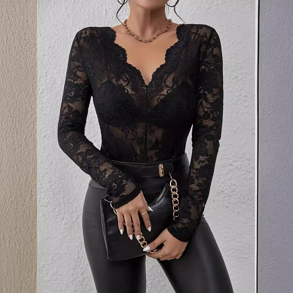Women's Plunging Floral Lace Bodysuit – Sheer Long Sleeve V-Neck Bodysuit