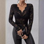 Women's Plunging Floral Lace Bodysuit – Sheer Long Sleeve V-Neck Bodysuit