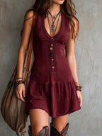 Women's Boho Ruffle Dress – V-Neck Cinched Waist Summer Dress