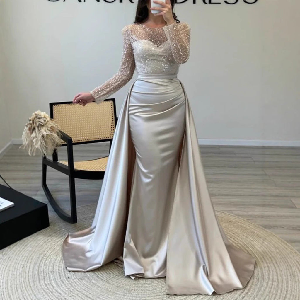 Women's Long Sleeve Glitter Gown – Flowing Sparkle Formal Evening Dress