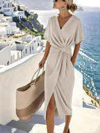Women's Draped Midi Wrap Dress – Side Slit Cocktail Occasion Dress