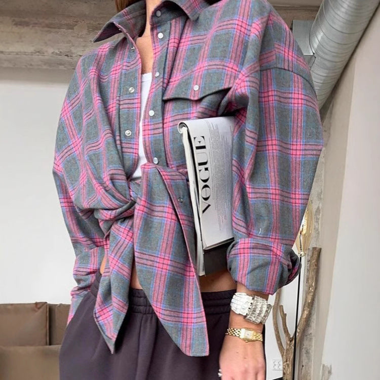 Women's Checked Button Blouse – Oversized Relaxed Shirt Blouse