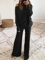Women's Wide Leg Knit Pants Set – Long Sleeve Top & Coordinated Trousers