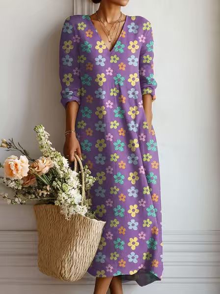 Women's Vintage Floral Midi Dress – A-Line Flowy Summer Dress