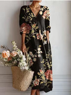 Women's Vintage Floral Midi Dress – A-Line Flowy Summer Dress