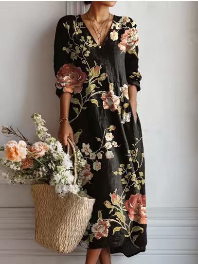 Women's Vintage Floral Midi Dress – A-Line Flowy Summer Dress