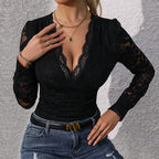 Women's Deep V-Neck Lace Bodysuit – Plunging Long Sleeve Fitted Bodysuit