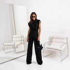 Women's High Waist Co-Ord Set – Draped Top & Wide Leg Pants Set