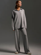 Women's Oversized Collared Sweater Set – Polo Top Wide Leg Pants Set