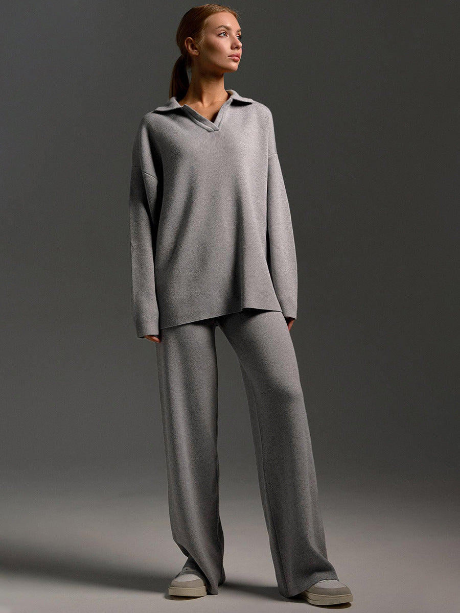 Women's Oversized Collared Sweater Set – Polo Top Wide Leg Pants Set
