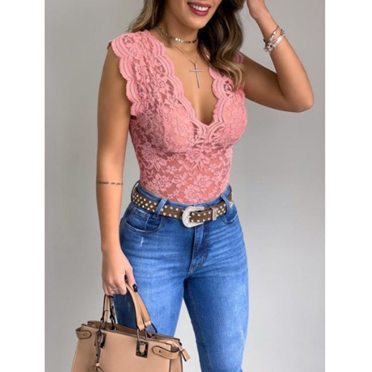 Women's Plunging Ruffle Lace Bodysuit – V-Neck Statement Sleeve Bodysuit