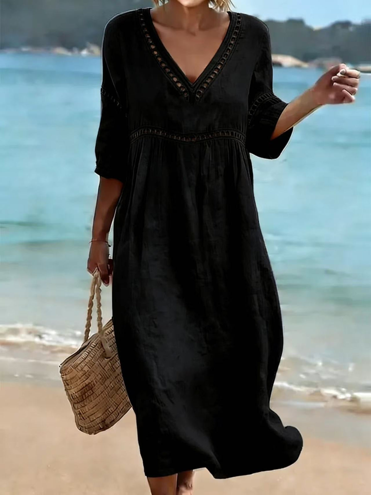 Women's V-Neck Pocket Summer Dress – Short Sleeve Midi Dress