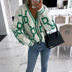 Women's Oversized Geometric Cardigan – Patterned Button Front Knit Cardigan
