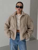 Women's Oversized Stand Collar Jacket – Zip-Up Cold Weather Winter Jacket