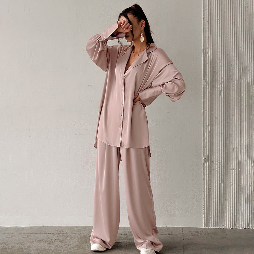 Women's Oversized Lounge Pants Set – Relaxed Blouse Wide Leg Two Piece Set
