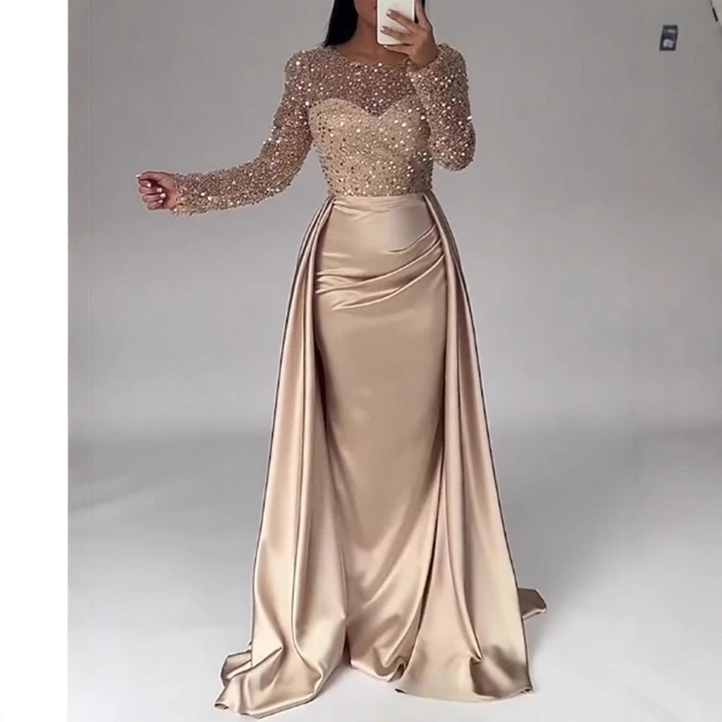 Women's Long Sleeve Glitter Gown – Flowing Sparkle Formal Evening Dress
