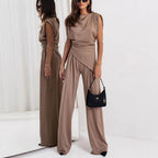 Women's High Waist Co-Ord Set – Draped Top & Wide Leg Pants Set