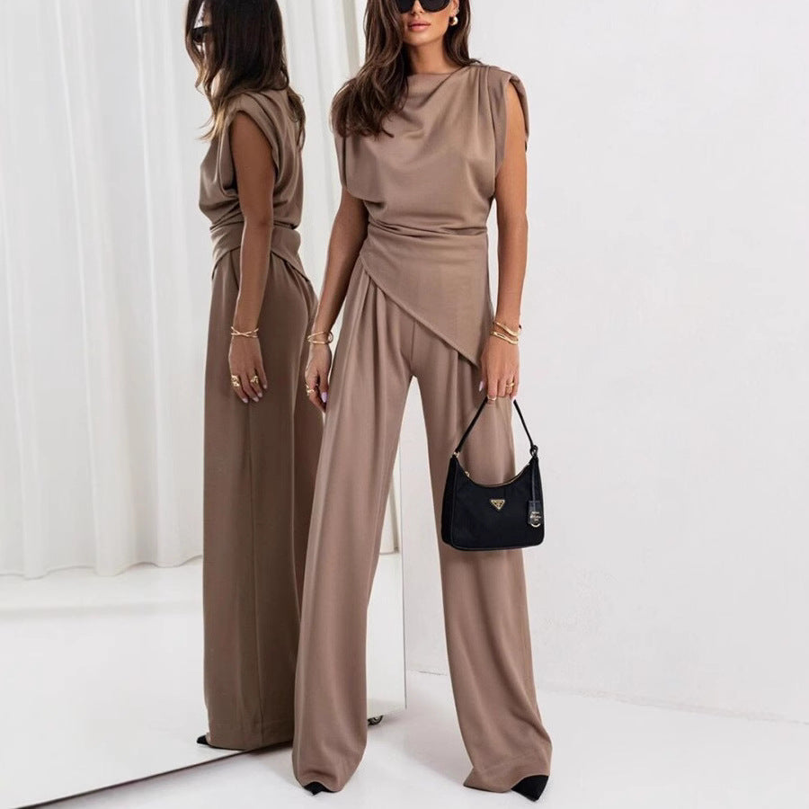 Women's High Waist Co-Ord Set – Draped Top & Wide Leg Pants Set