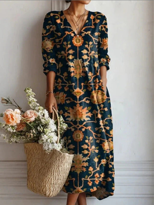 Women's Vintage Floral Midi Dress – A-Line Flowy Summer Dress