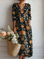 Women's Vintage Floral Midi Dress – A-Line Flowy Summer Dress