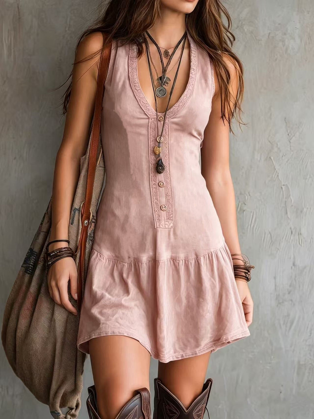 Women's Boho Ruffle Dress – V-Neck Cinched Waist Summer Dress