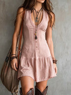 Women's Boho Ruffle Dress – V-Neck Cinched Waist Summer Dress