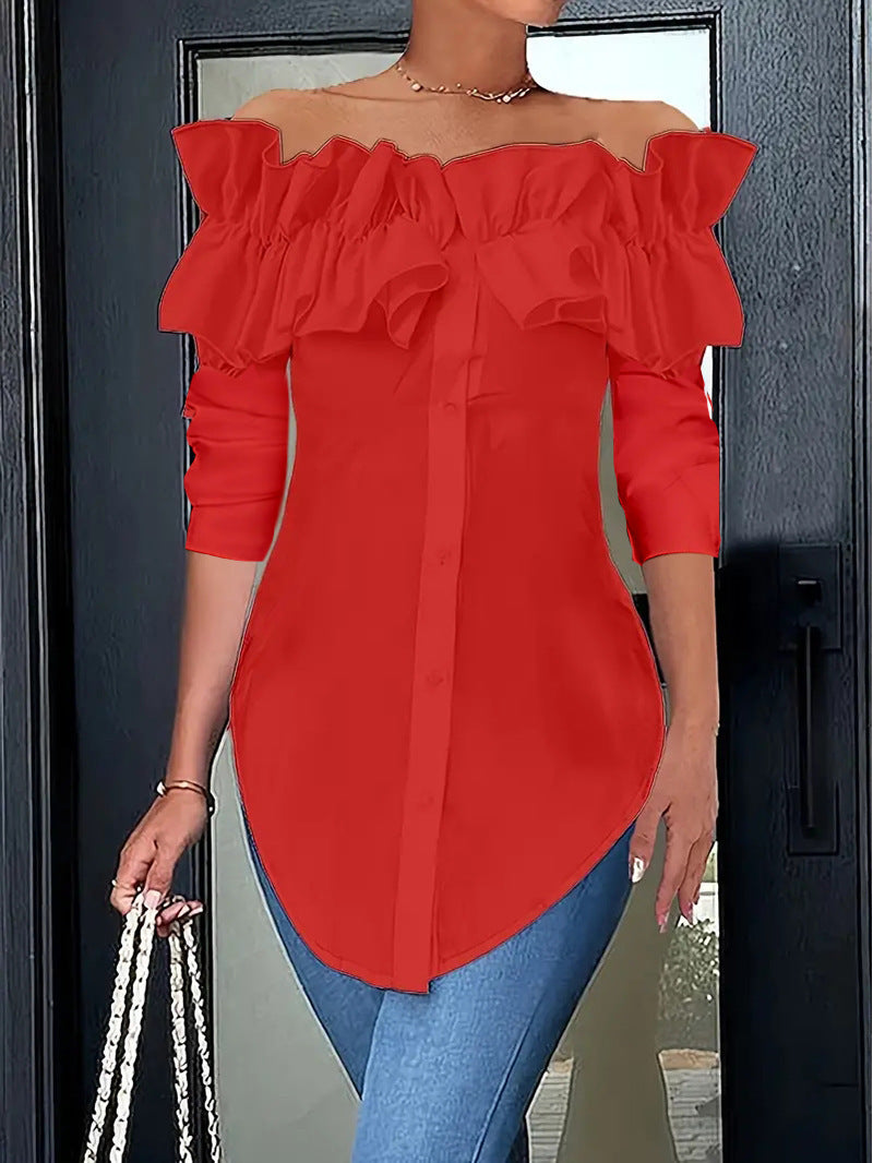 Women's Ruffle Off-Shoulder Blouse – Button Front Three-Quarter Sleeve Blouse