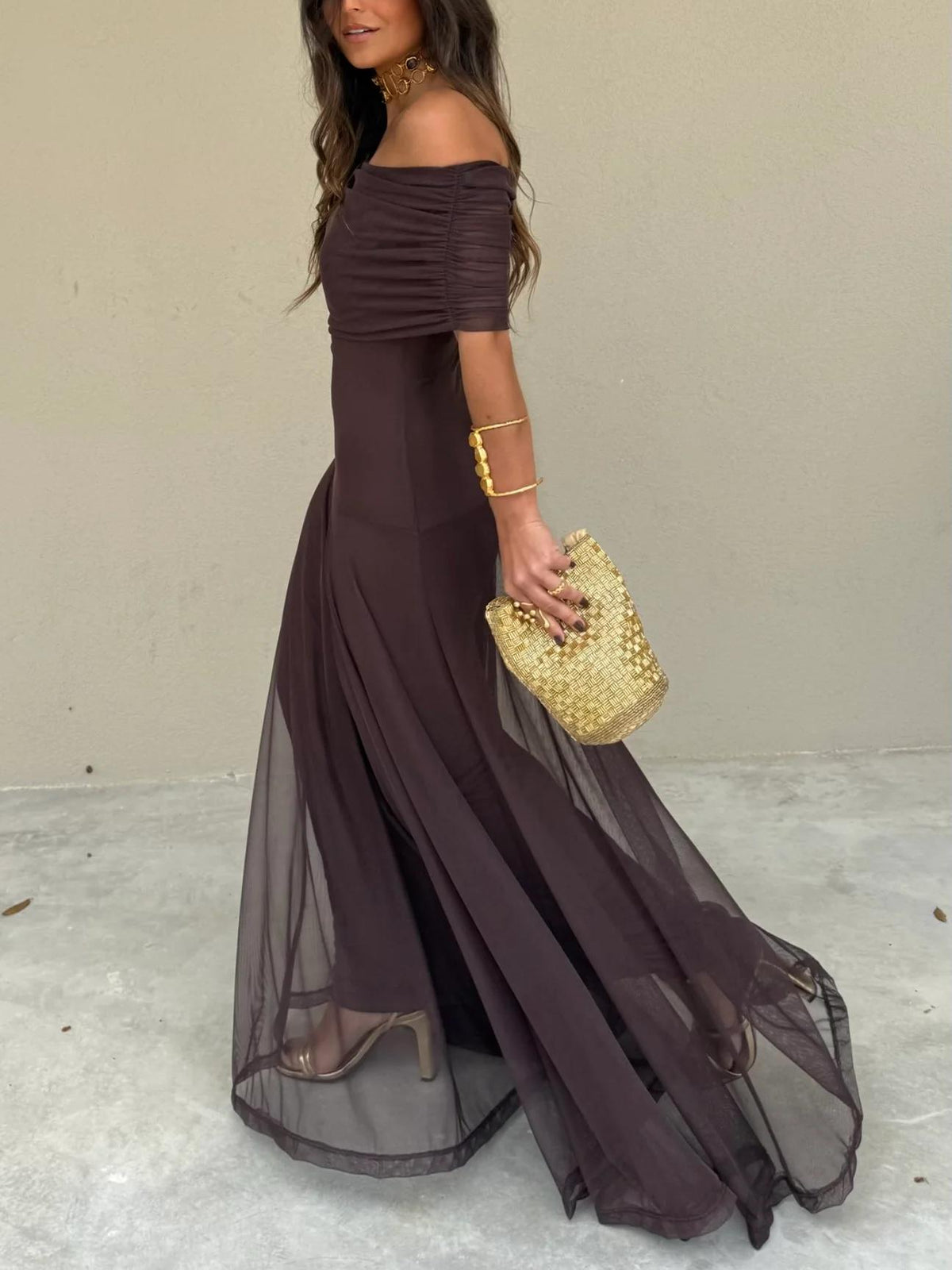 Women's Draped Shimmer Maxi Dress – Flowy Formal Evening Dress