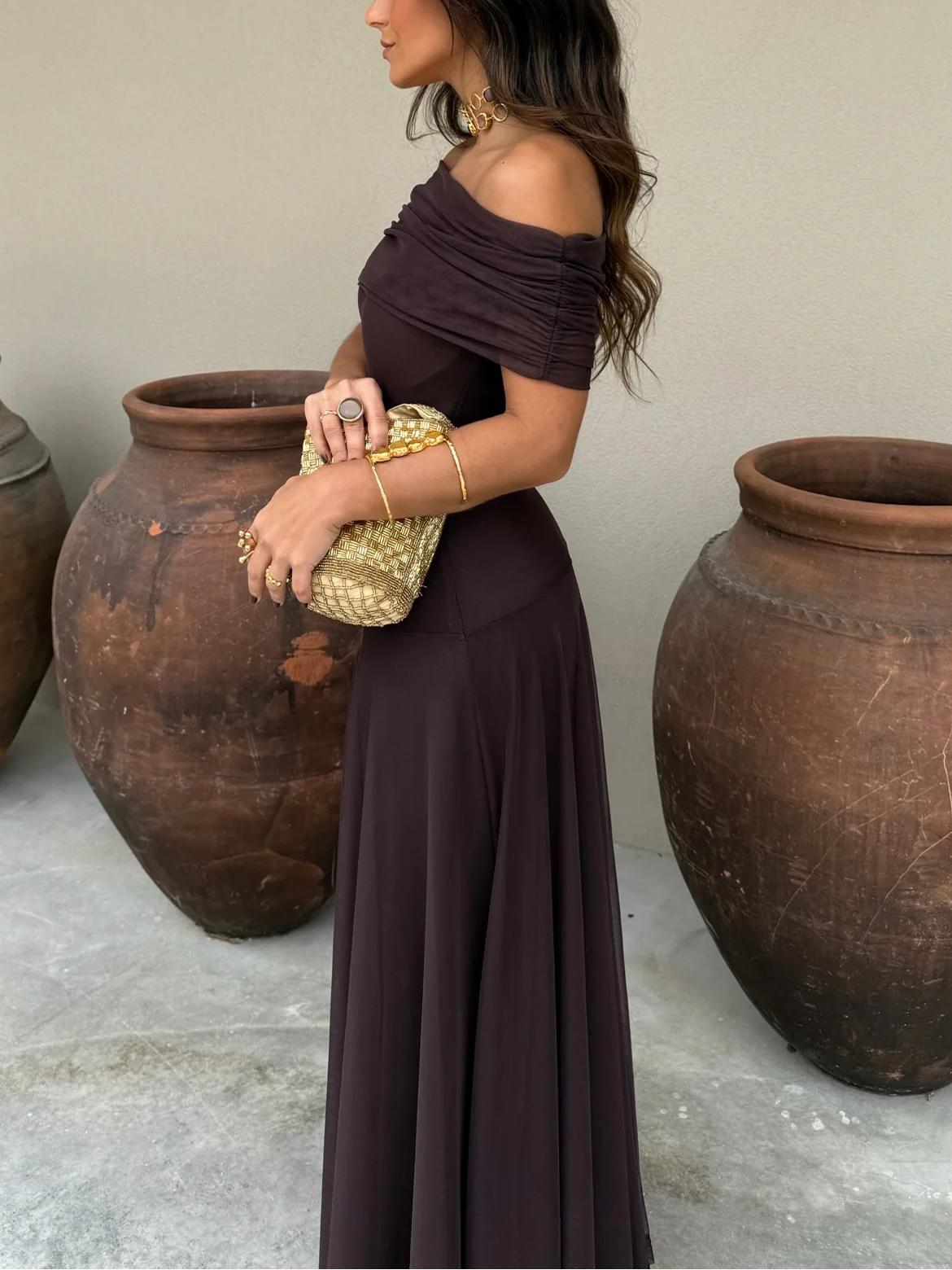 Women's Draped Shimmer Maxi Dress – Flowy Formal Evening Dress