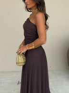 Women's Draped Shimmer Maxi Dress – Flowy Formal Evening Dress