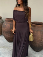 Women's Draped Shimmer Maxi Dress – Flowy Formal Evening Dress