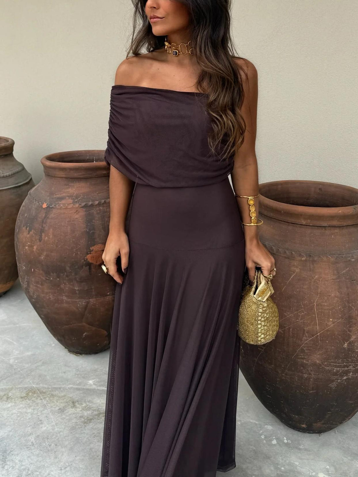 Women's Draped Shimmer Maxi Dress – Flowy Formal Evening Dress