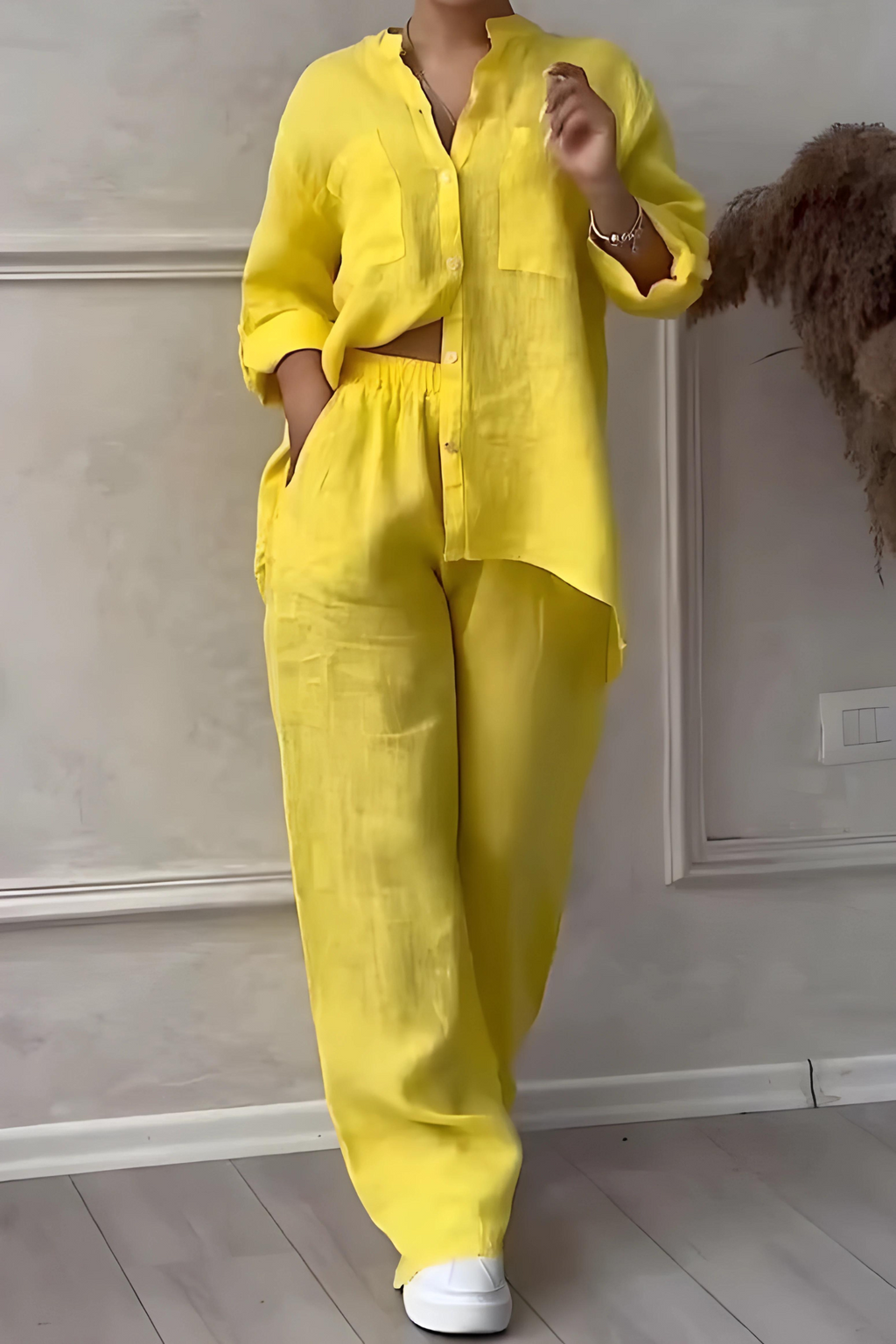 Women's Relaxed Blouse Pants Set – Long Sleeve Top & Wide Leg Trousers