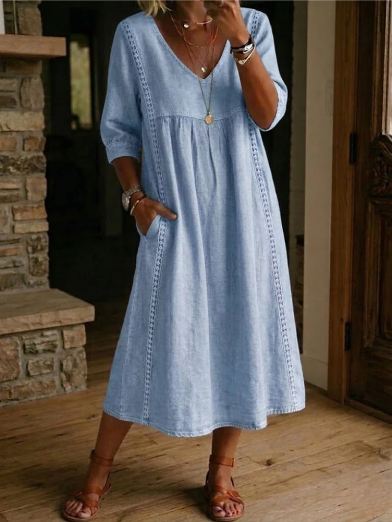 Women's V-Neck Pocket Midi Dress – Three-Quarter Sleeve Day Dress