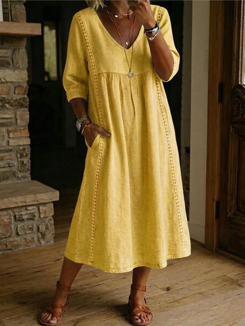 Women's V-Neck Pocket Midi Dress – Three-Quarter Sleeve Day Dress
