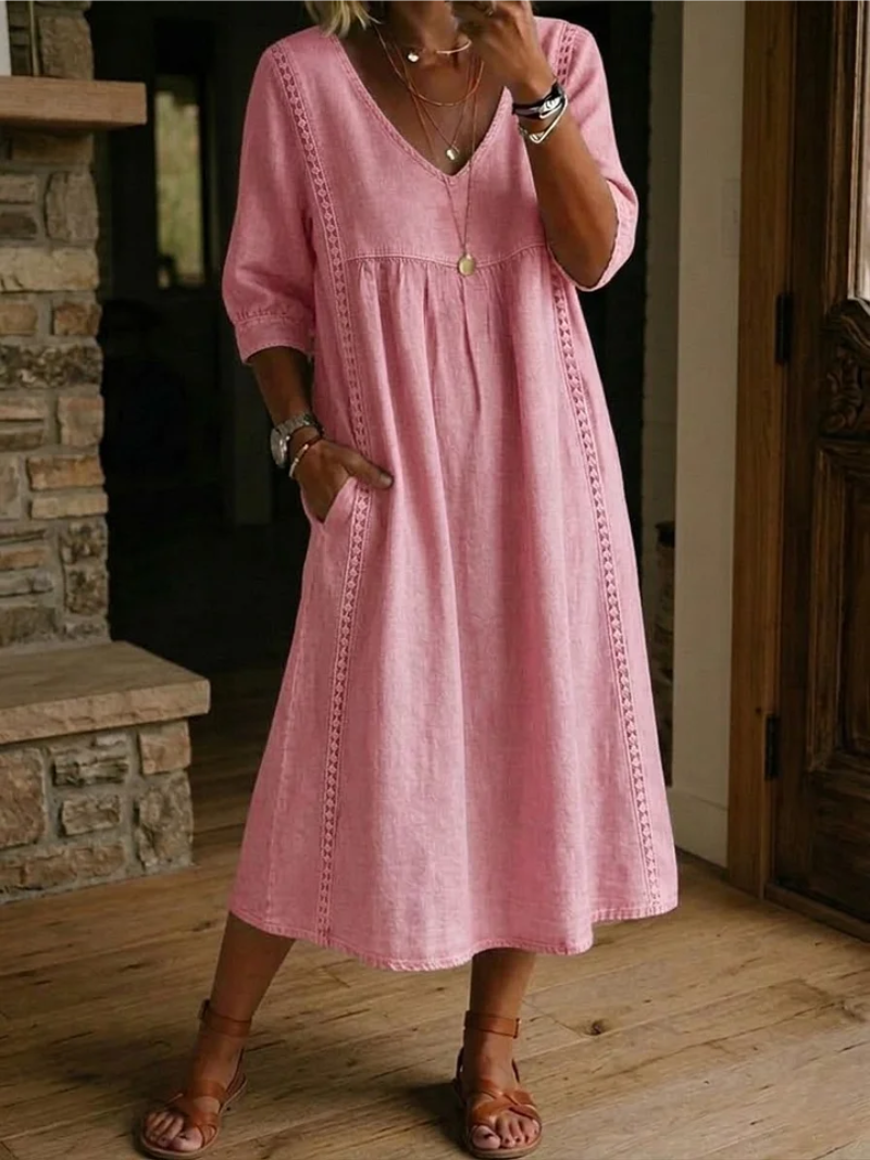 Women's V-Neck Pocket Midi Dress – Three-Quarter Sleeve Day Dress