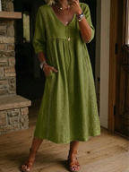 Women's V-Neck Pocket Midi Dress – Three-Quarter Sleeve Day Dress