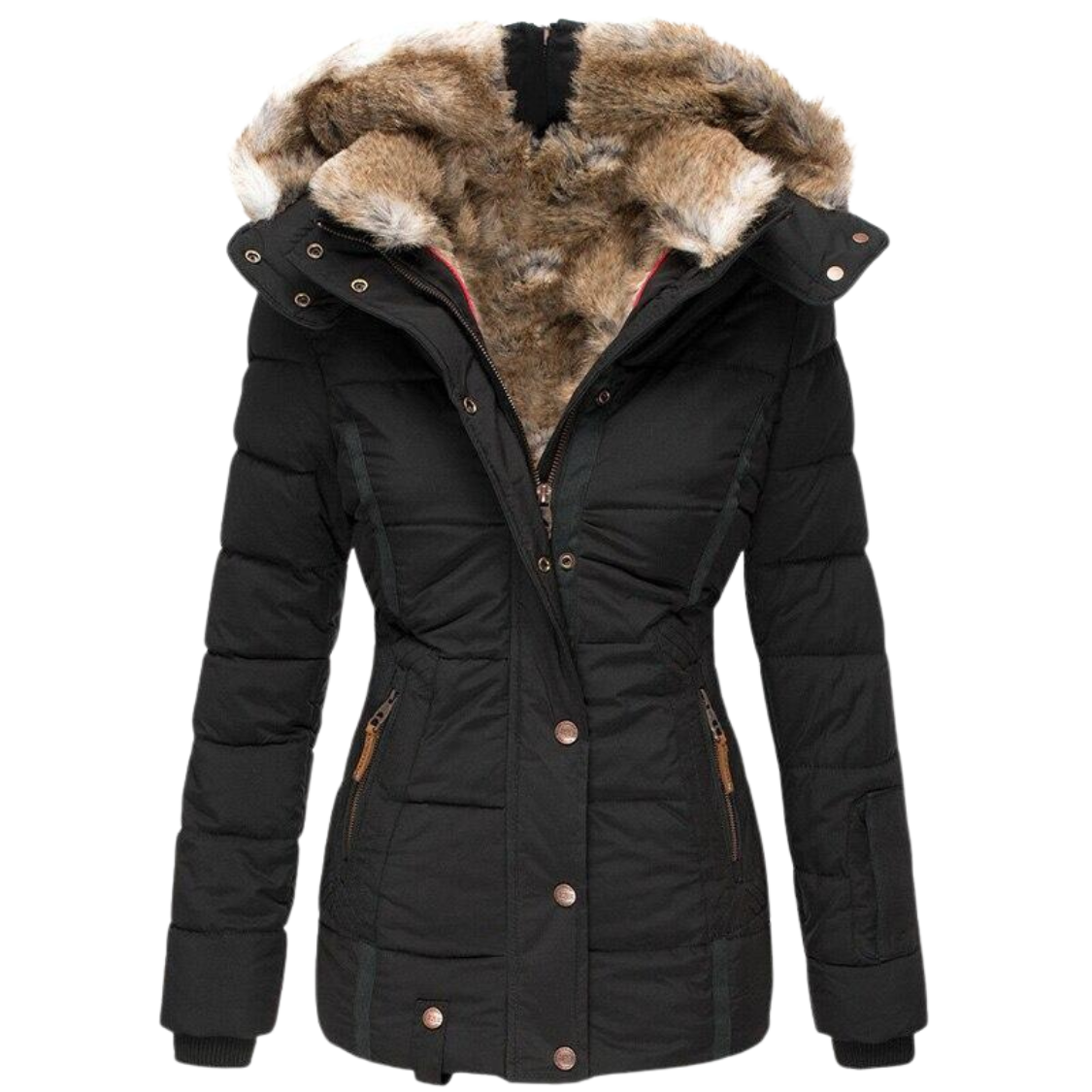 Women's Faux Fur Lined Winter Coat – Stand Collar Button Front Jacket