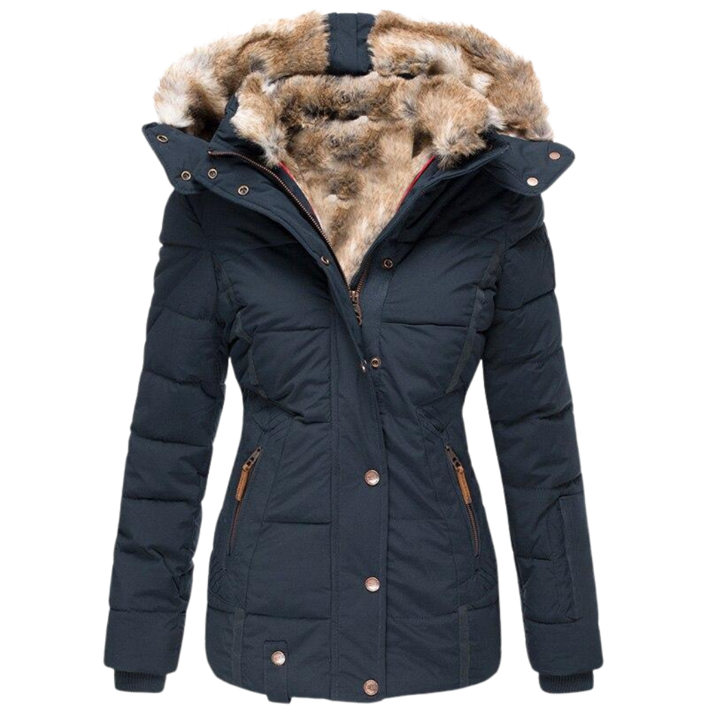 Women's Faux Fur Lined Winter Coat – Stand Collar Button Front Jacket