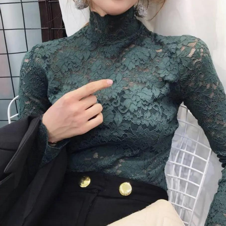 Women's Floral Lace Top – Long Sleeve Turtleneck Top