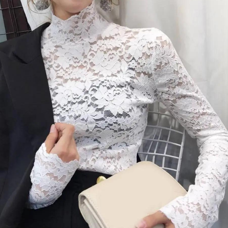 Women's Floral Lace Top – Long Sleeve Turtleneck Top