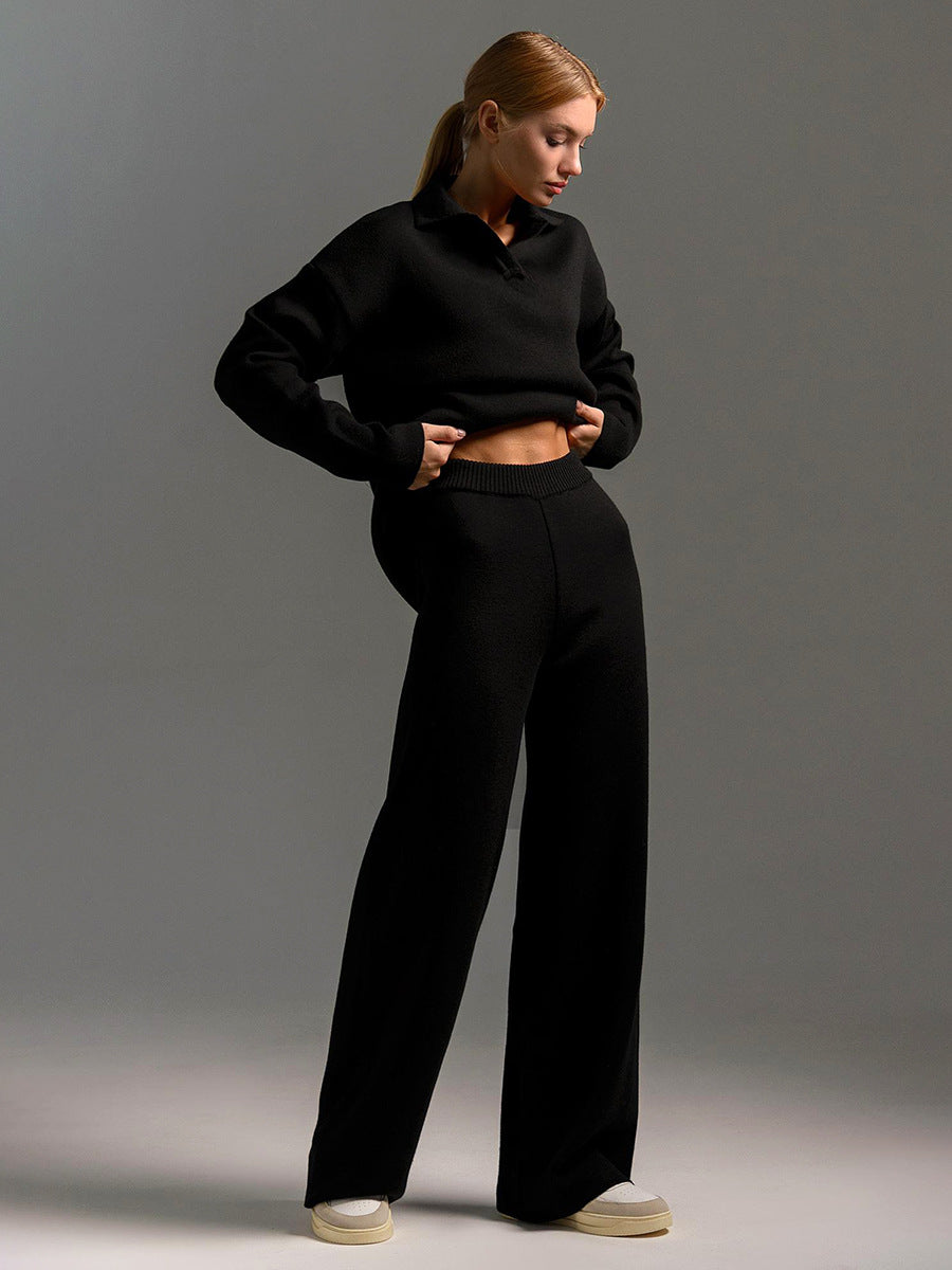 Women's Oversized Collared Sweater Set – Polo Top Wide Leg Pants Set