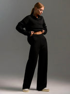 Women's Oversized Collared Sweater Set – Polo Top Wide Leg Pants Set