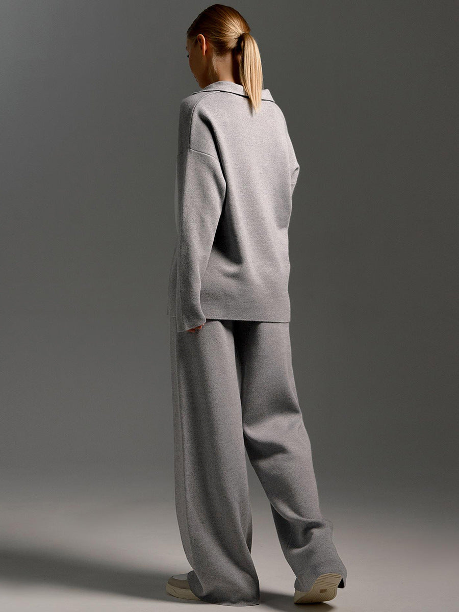 Women's Oversized Collared Sweater Set – Polo Top Wide Leg Pants Set