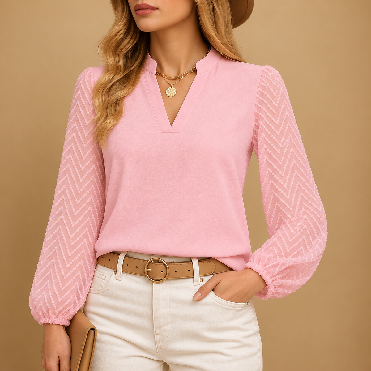 Women's V-Neck Office Blouse – Tailored Long Sleeve Work Blouse