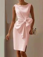 Women's Sleeveless Bow Wedding Guest Dress – Draped Formal Cocktail Dress