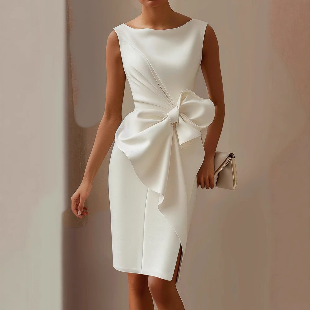 Women's Sleeveless Bow Wedding Guest Dress – Draped Formal Cocktail Dress